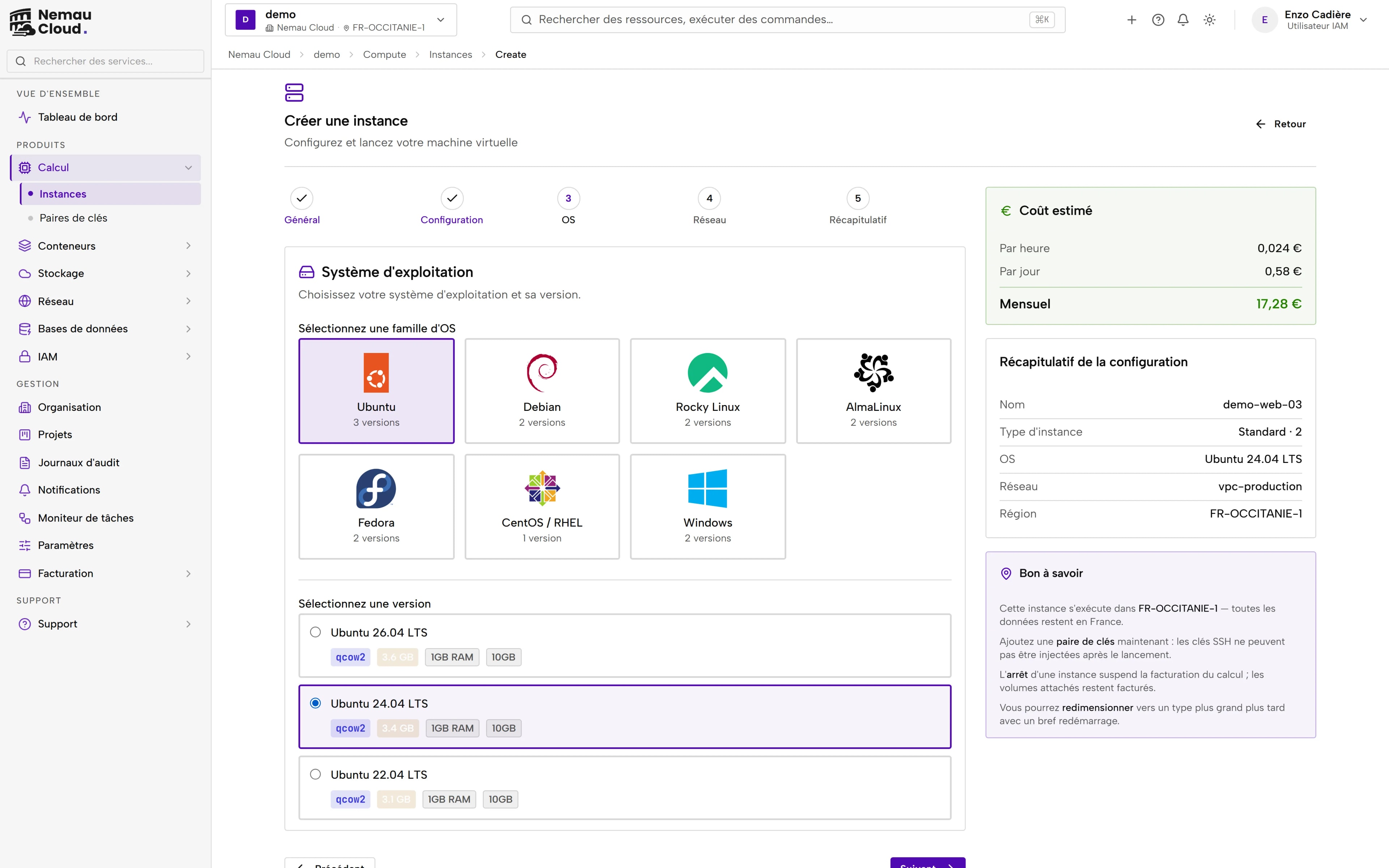 Console Nemau Cloud : l'assistant de création d'instance, à l'étape du choix du système d'exploitation, avec le coût estimé.