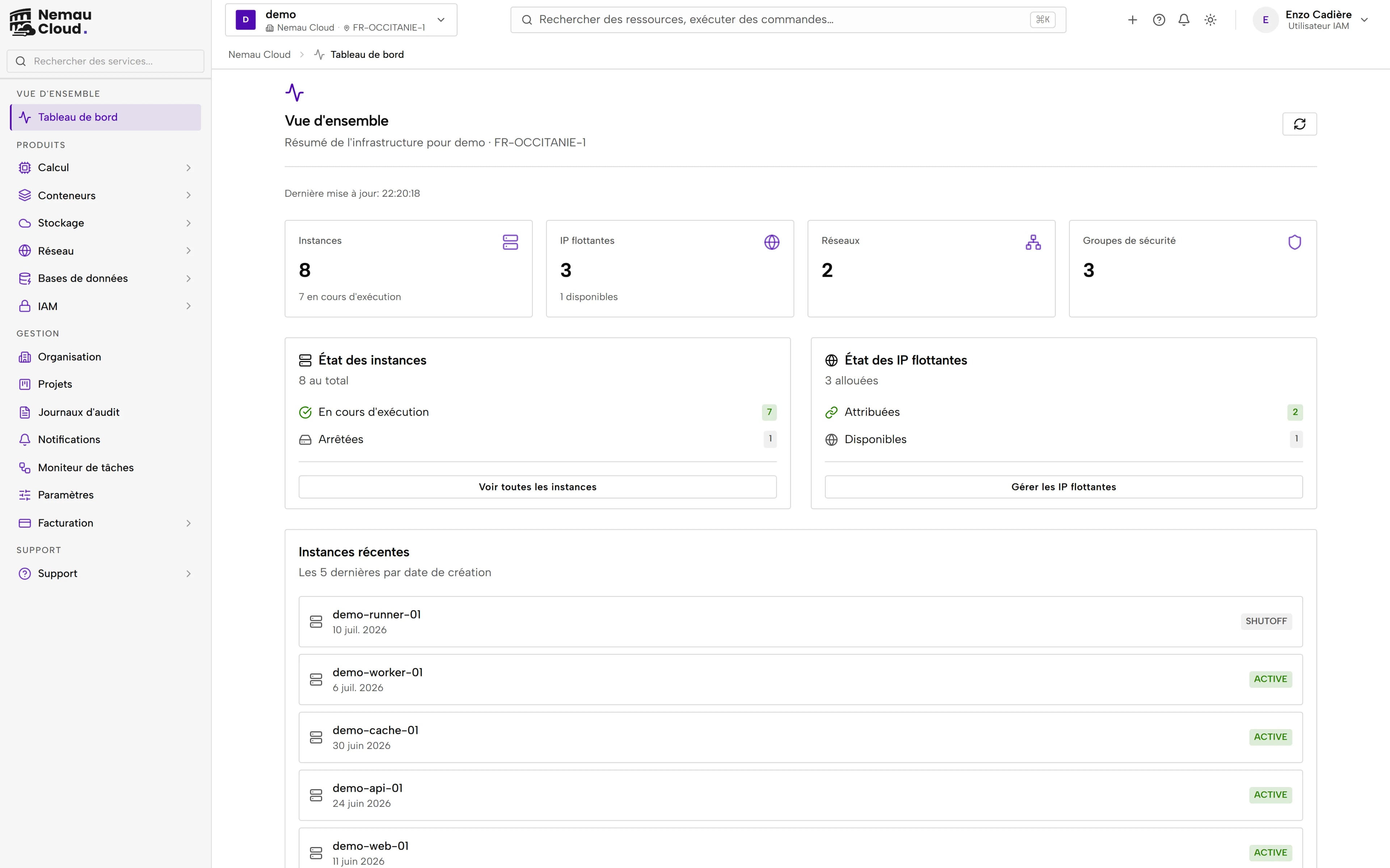 Console Nemau Cloud : le tableau de bord d'un projet — nombre d'instances, IP flottantes, réseaux et groupes de sécurité, état des ressources et dernières instances créées.