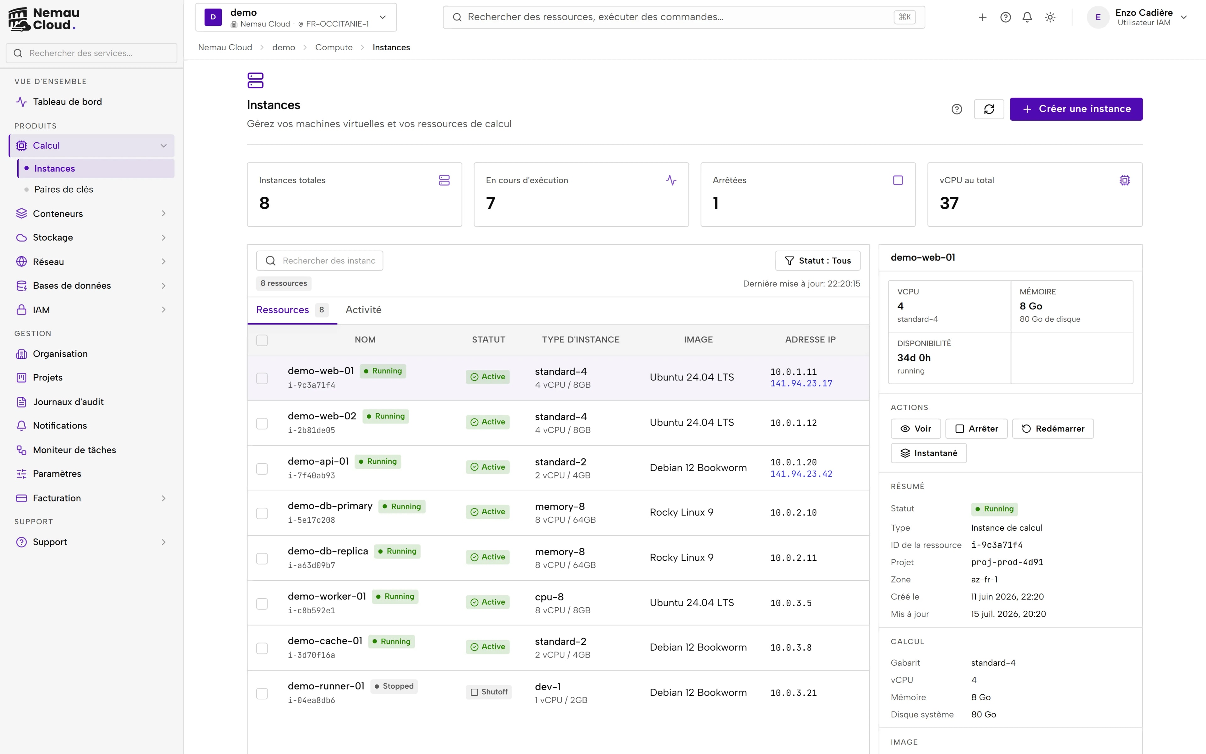 Console Nemau Cloud : la liste des instances d'un projet, avec le panneau de détail de l'instance sélectionnée.