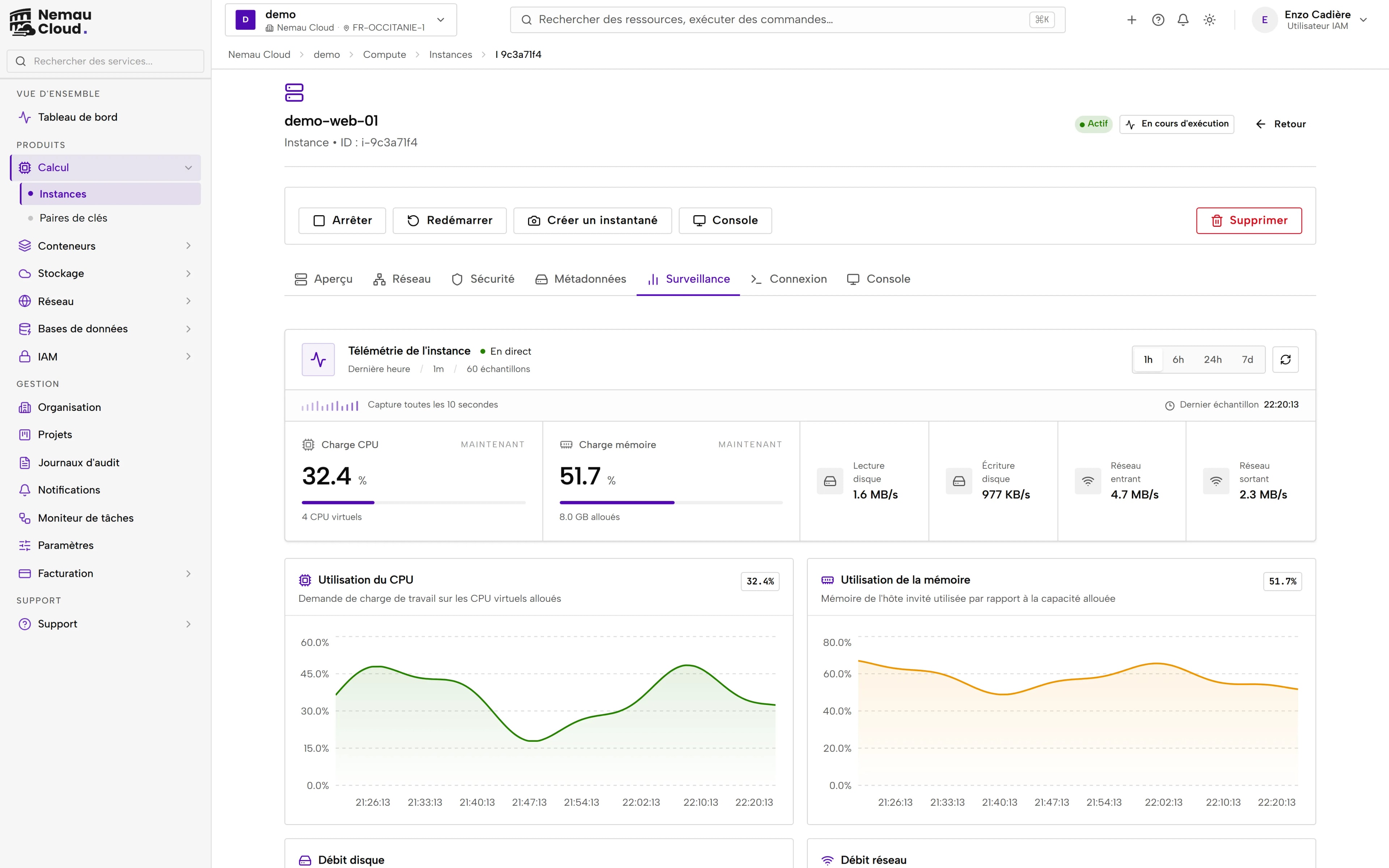 Console Nemau Cloud : l'onglet Surveillance d'une instance — charge CPU et mémoire en direct, débits disque et réseau, graphiques sur la dernière heure.
